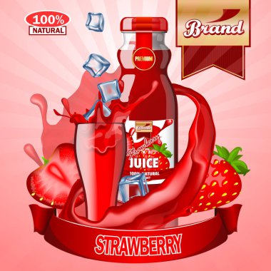 Logo ve etiket çilek reklamlarla suyu. Gerçekçi düzenlenebilir mockup