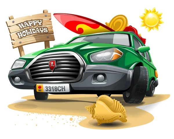 Groene Cartoon Auto Met Een Surf Apparatuur Dak Buurt Van — Stockvector