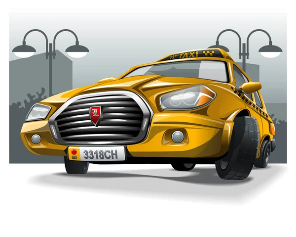 Caricature Jaune Taxi Sur Fond Ville — Image vectorielle