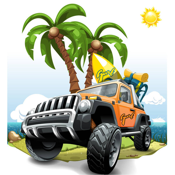 Extreme orange Off Road Vehicle SUV on a beach. Vector illustration.
