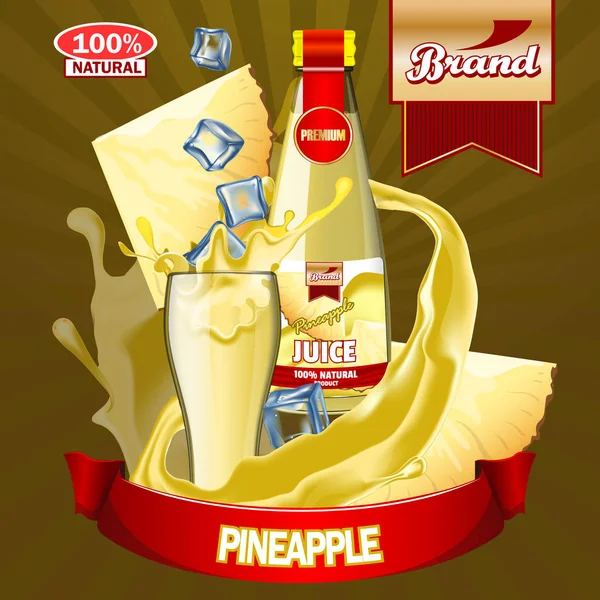 ロゴとラベル ジュース パイナップル広告 現実的な編集可能なモックアップ — ストックベクタ