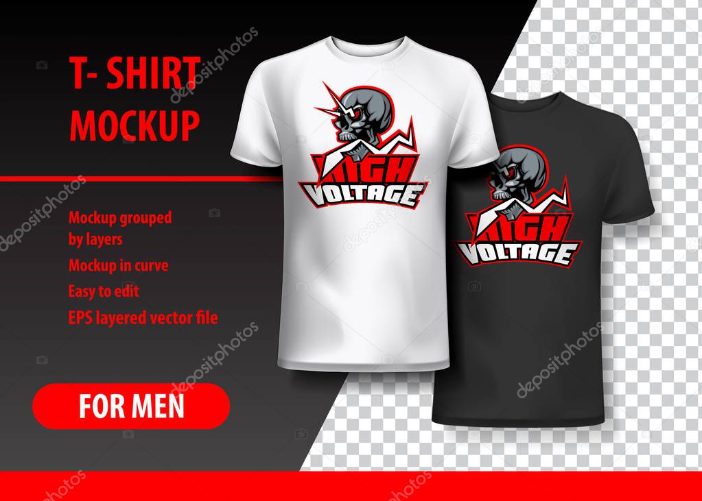 T-Shirt Mockup with High Voltage and Skull phrase in two colors. Mockup layered and editable.