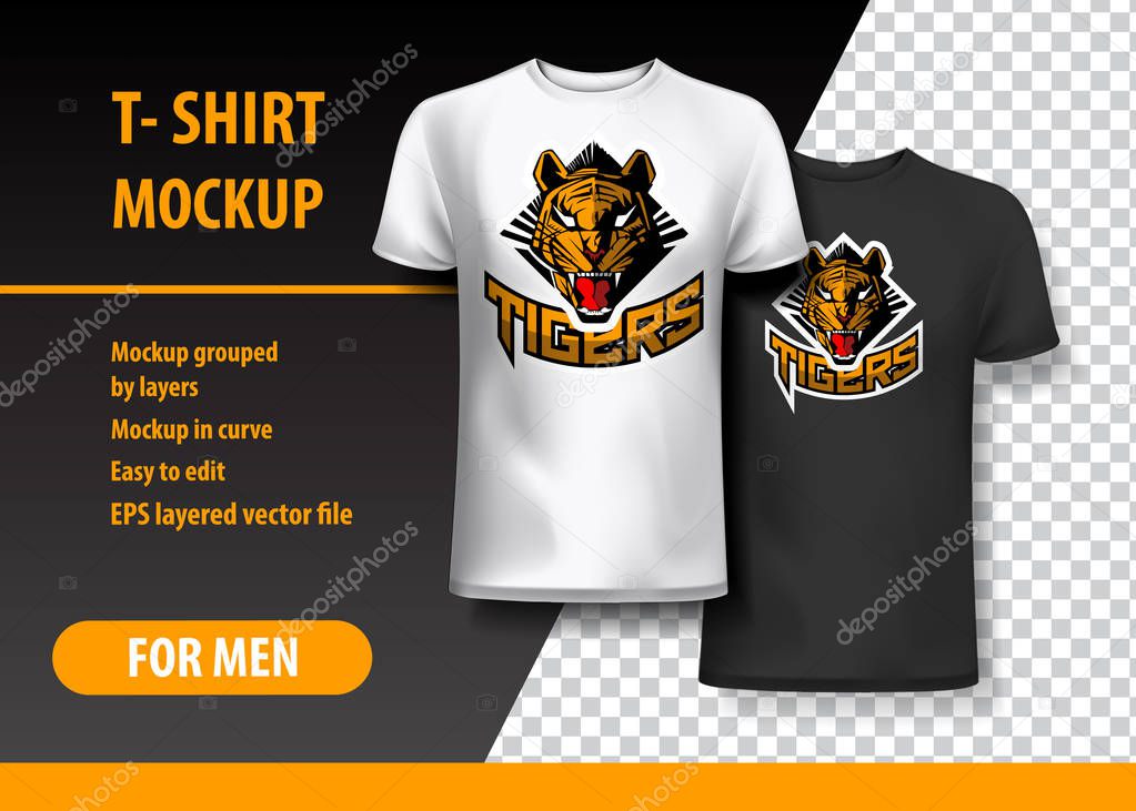 T-Shirt Mockup with Tigers phrase in two colors. Mockup layered and editable.