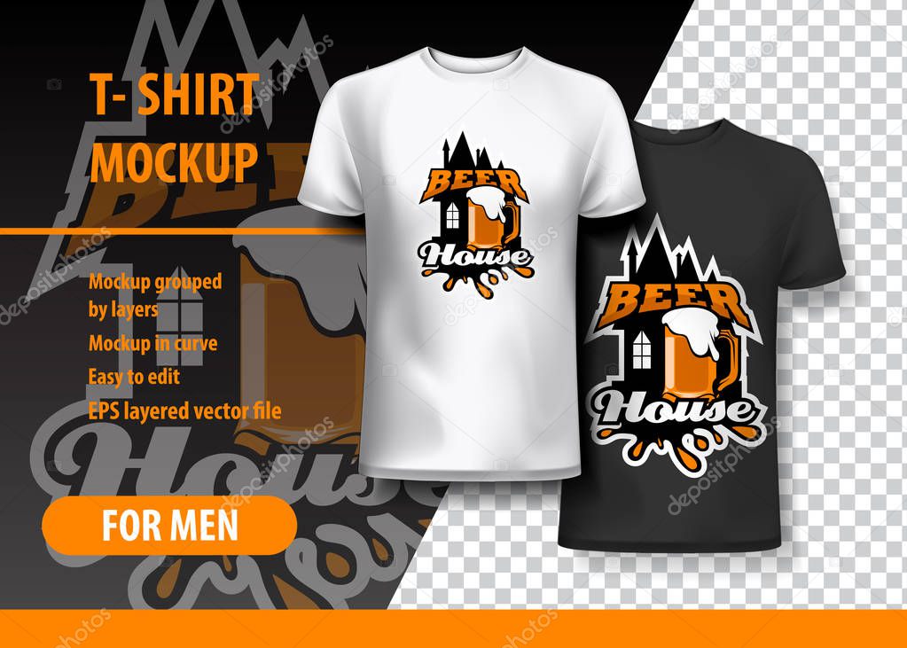 T-Shirt Mockup with Beer House phrase in two colors. Mockup layered and editable.