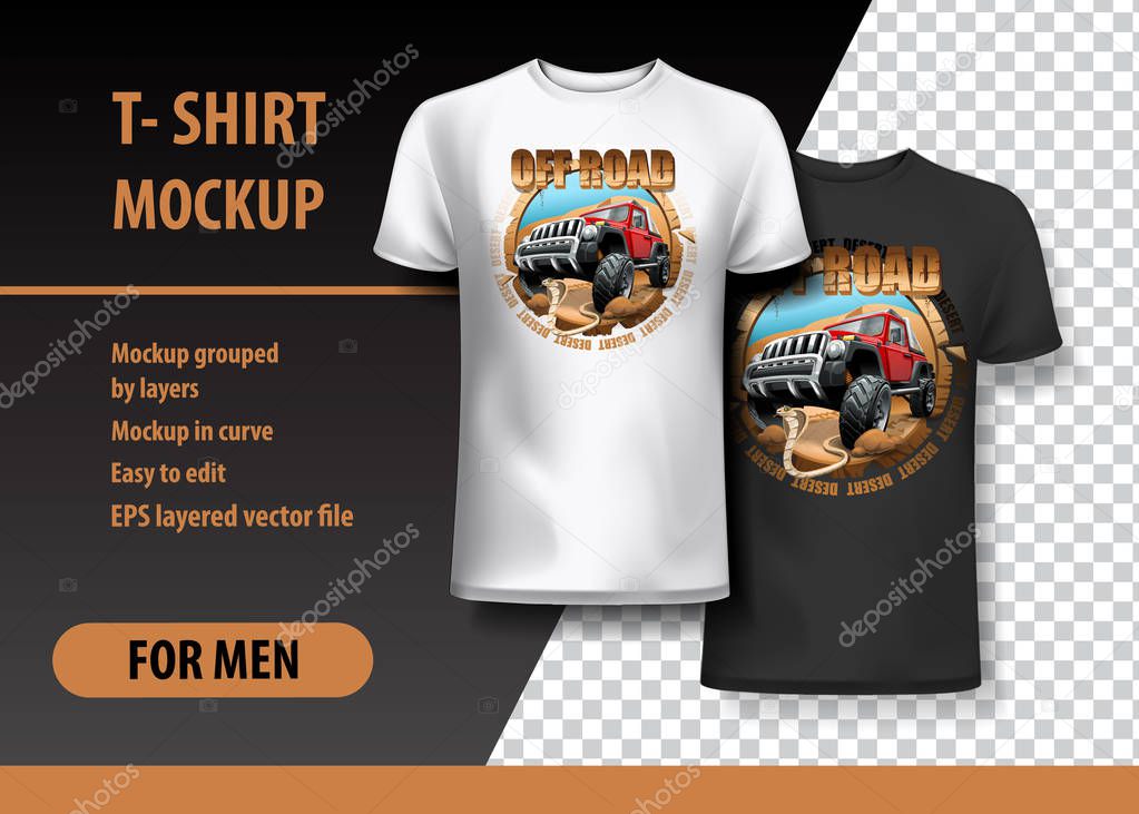 T-Shirt template, fully editable with Vintage Off Road logo. EPS 10 Vector Illustration.