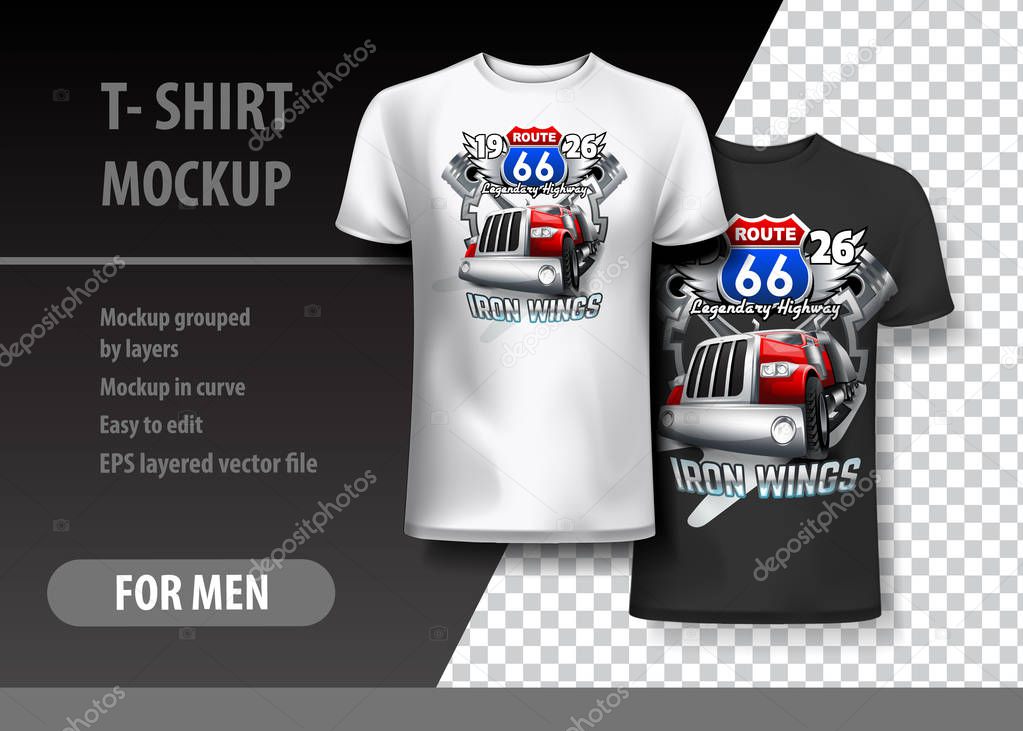 T-Shirt template, fully editable with Route 66 logo. EPS 10 Vector Illustration.