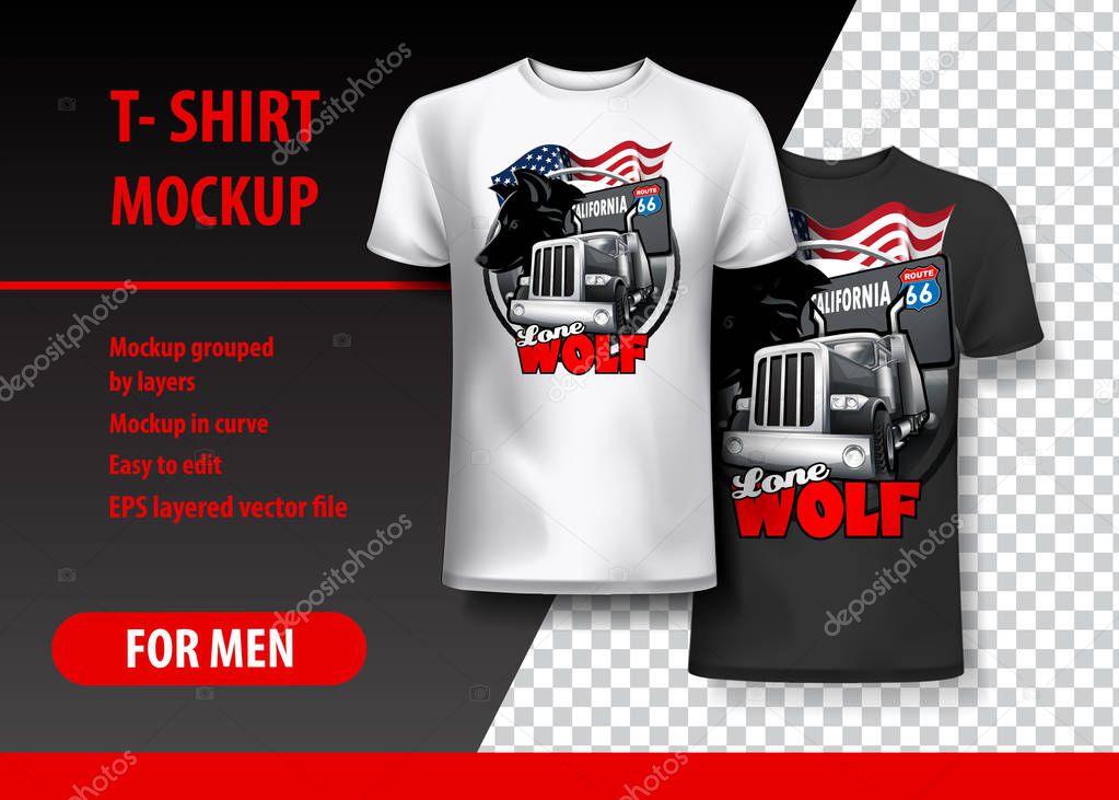 T-Shirt template, fully editable with Truck and Wolf logo. EPS 10 Vector Illustration.