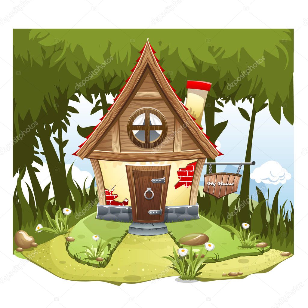 Cartoon Fairy House on the edge of forest, on a green hill with a signboard 