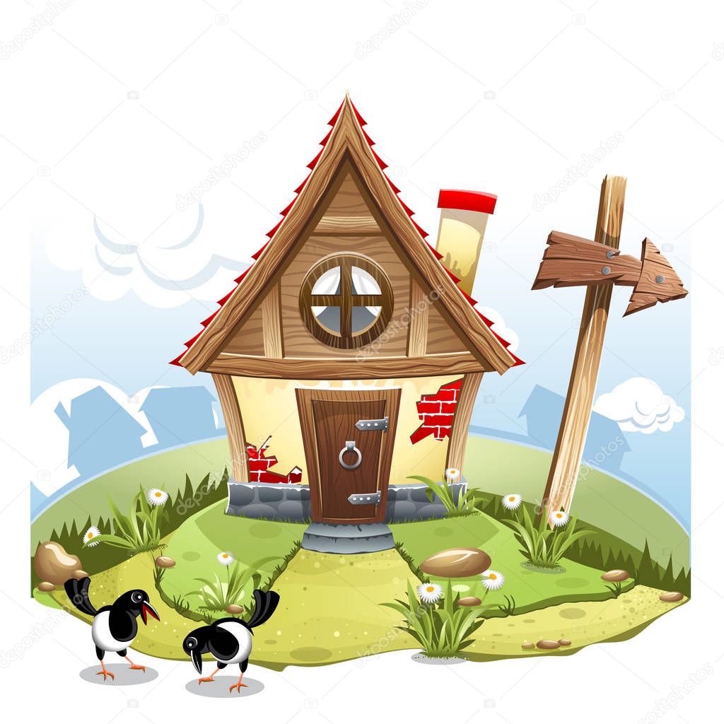 Cartoon Fairy House, on a green hill with arrow and two magpies.