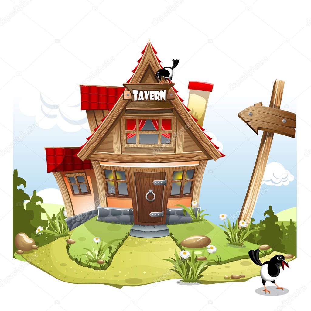 Cartoon Fairy House on a green hill with a signboard 