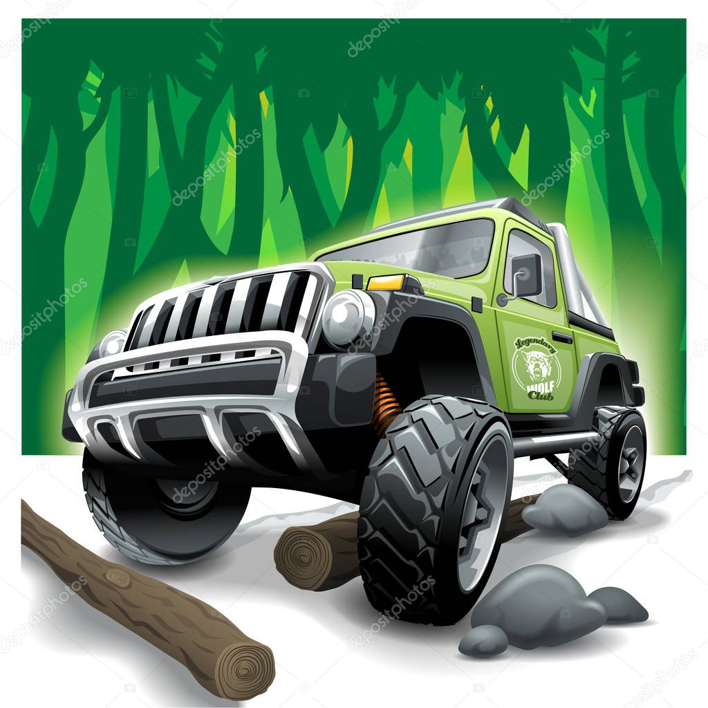 Off Road green Vehicle SUV, deep jungle difficulties.