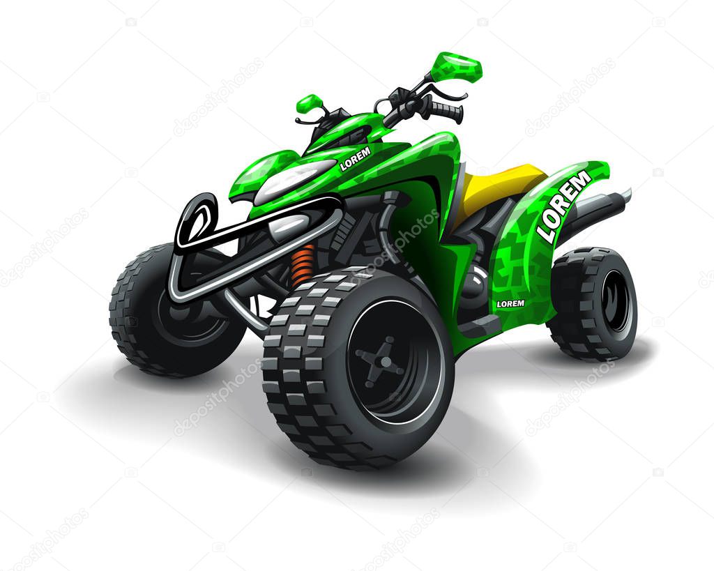 Quad bike, with camouflage stains on white background.
