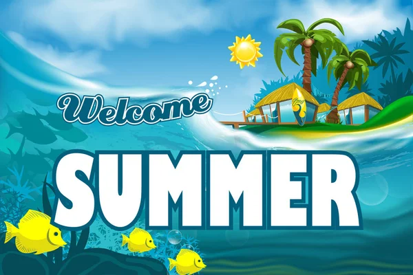 Willkommen Sommer Banner Auf Insel Hintergrund — Stockvektor