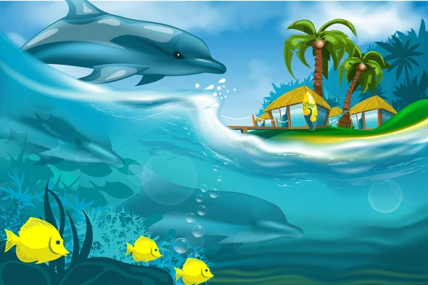 Delfines Flotantes Mar Contra Telón Fondo Isla — Archivo Imágenes Vectoriales