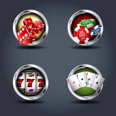 Casino dört çelik rozet simgeler yuvarlanır. UI oyun için.
