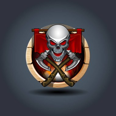 Ortaçağ savaşçı kafatası eksenli, ahşap yuvarlak rozet simge. UI oyun için.