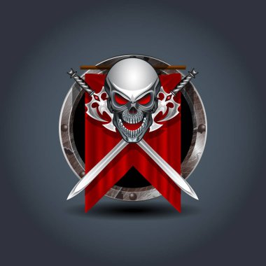 Kılıçlı Ortaçağ savaşçı kafatası, rozet simge paslı demir yuvarlanır. UI oyun için.