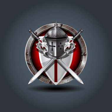 Ortaçağ warrior Knight dümen kalkan ve kılıç, ahşap ile rozet simge yuvarlanır. UI oyun için.