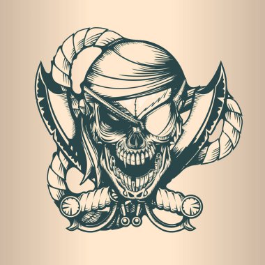 Vintage korsan kafatası, tek renkli elle çizilmiş dövme stil