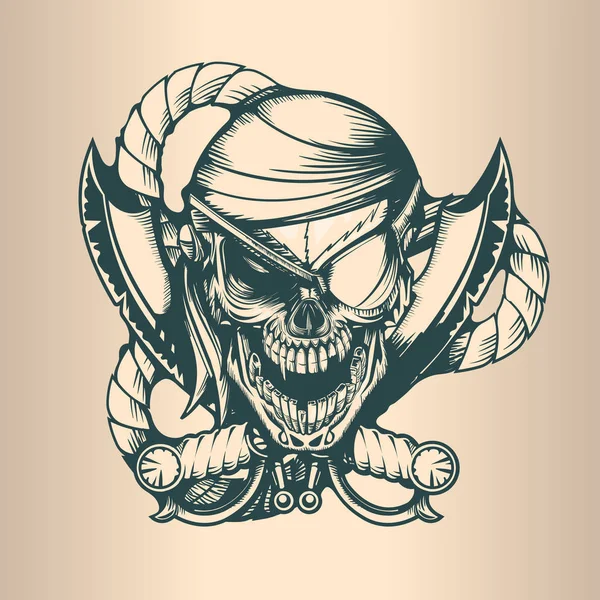 Vintage korsan kafatası, tek renkli elle çizilmiş dövme stil