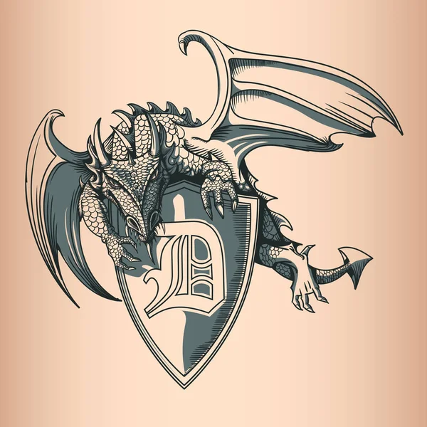 Dragón Con Escudo Letra Dibujo Mano Imagen — Vector de stock