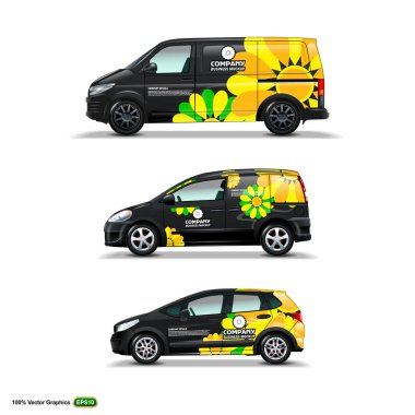 Mocup set with advertisement on Black Car, Cargo Van, and delivery Van. Vector Graphics template Mock Up. clipart