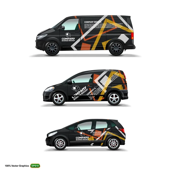 Reklam Web siyah araba, kargo Van ve teslimat Van Mocup ayarlayın. Vektör grafik şablonu alay.