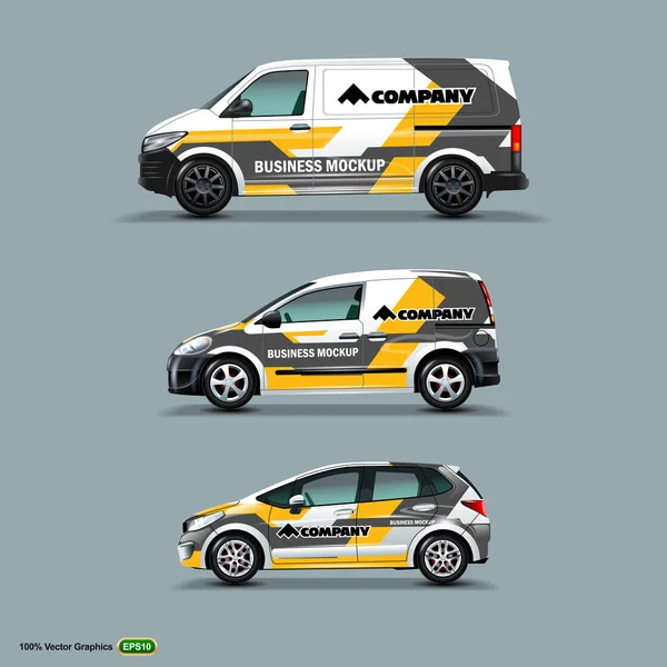 Reklam Web beyaz araba, kargo Van ve teslimat Van Mocup ayarlayın. Vektör grafik şablonu alay.
