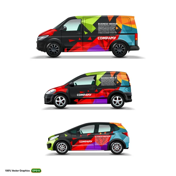 Reklam Web siyah araba, kargo Van ve teslimat Van Mocup ayarlayın. Vektör grafik şablonu alay.