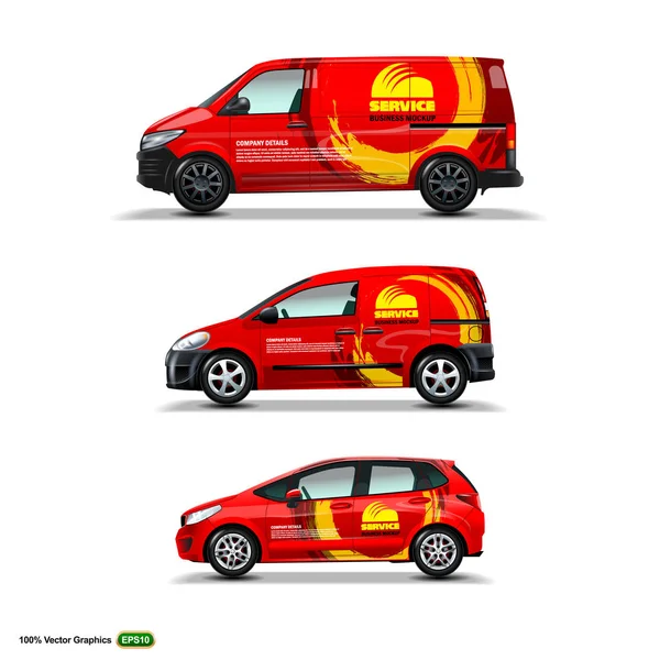 Set Maquettes Avec Publicité Sur Red Car Cargo Van Van — Image vectorielle