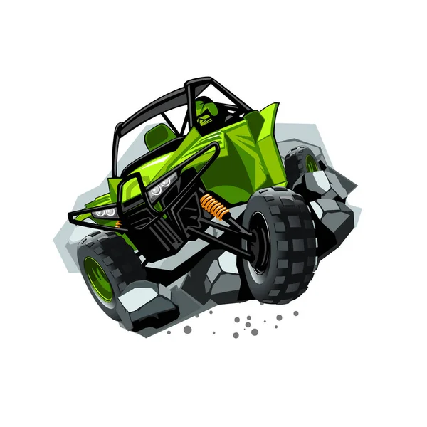 Road Atv Buggy Cavalca Attraverso Ostacoli Pietre Colore Verde — Vettoriale Stock