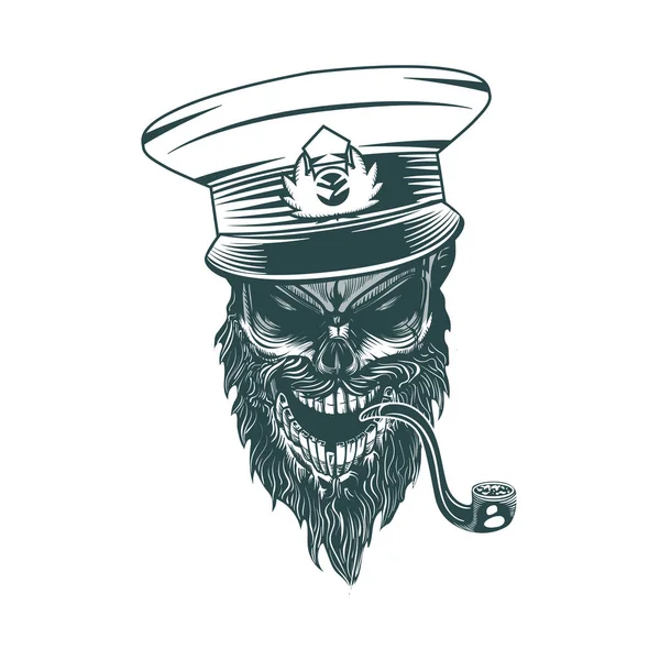 Capitán Del Cráneo Con Pipa Estilo Tatoo Dibujado Mano Monocromo — Vector de stock