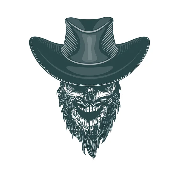 Bearded Cowboy Hat Monochrome Hand Drawn Tatoo Style — Stock Vector