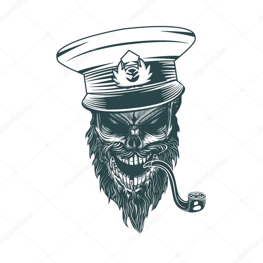Skull captain with a pipe. Monochrome hand drawn tatoo style