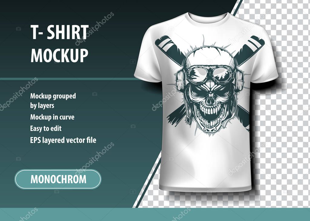 Skull Pilot. T-Shirt template, fully editable. Mockup layered and editable.