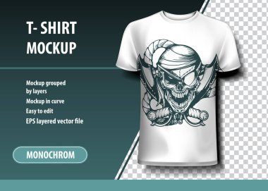 Kafatası Korsan. T-Shirt şablon, tamamen düzenlenebilir. Mockup ve düzenlenebilir katmanlı.