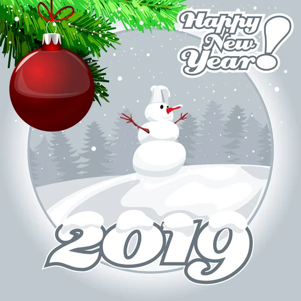 2019新年快乐 雪人和圣诞球 — 图库矢量图片