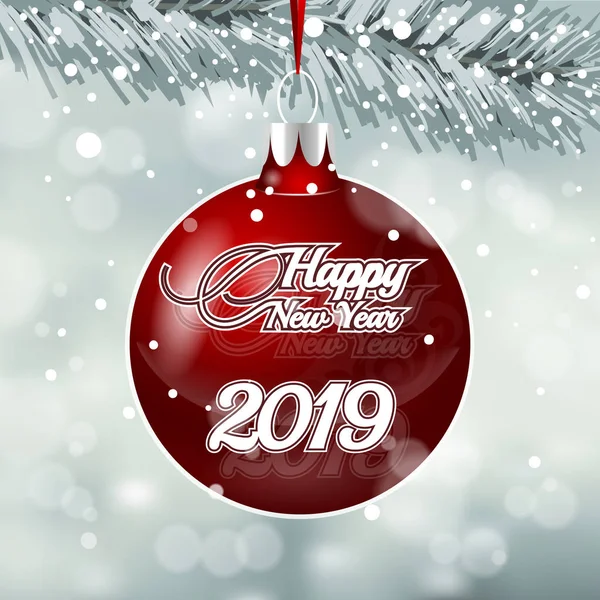 2019年新年快乐 红色圣诞玩具在雪背景 — 图库矢量图片