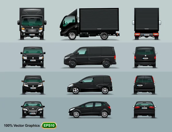 Quatro Tipos Carros Para Trabalhar Cidade Layout Das Três Posições —  Vetores de Stock