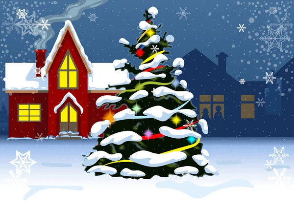 Kerstboom Buurt Van Residentiële Huizen Avond — Stockvector