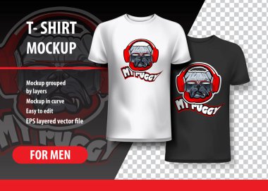 Klasik gözlük ve kulaklık ile pug. T-shirt şablonu