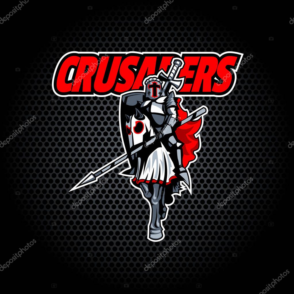 Proud Crusader knight on horseback. EPS 10 Vector graphics. Layered and editable.