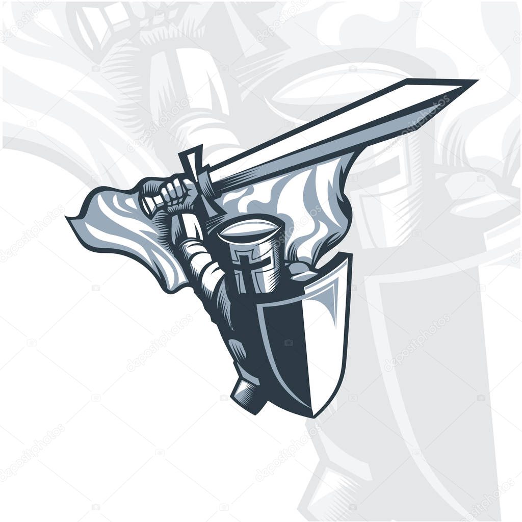 Monochrome Knight swinging a sword. EPS 10 Vector graphics. Layered and editable.