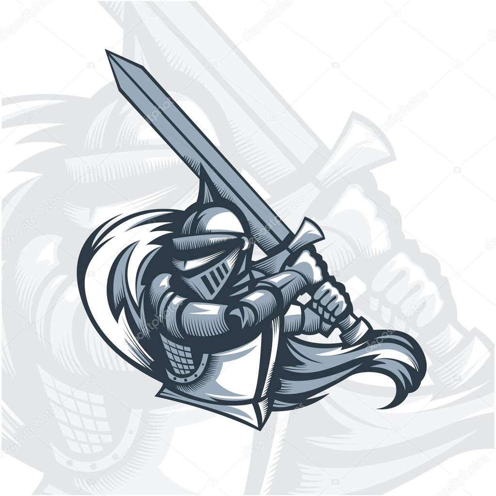 Monochrome Paladin knight with sword. EPS 10 Vector graphics. Layered and editable.
