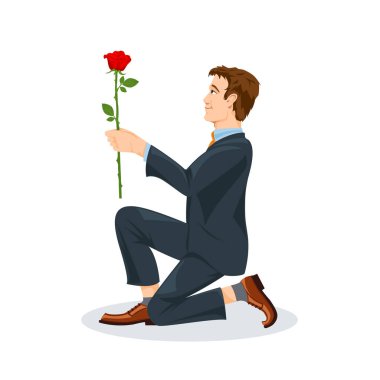 Adam bir çiçek ile diz çöküyor. EPS 10 vektör grafikleri.