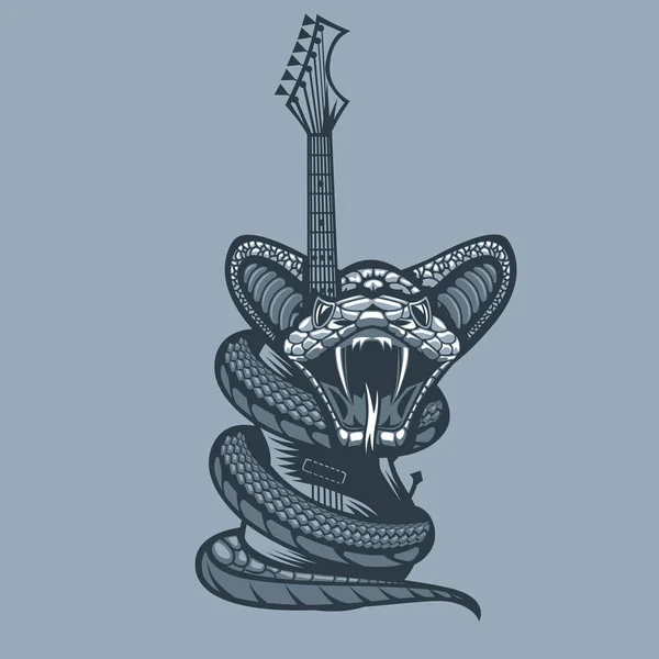 Gefährliche Viper Die Die Gitarre Umhüllt Monochromer Tätowierstil — Stockvektor