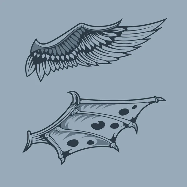 Angel Dragon Wings Stile Tatuaggio Monocromatico — Vettoriale Stock