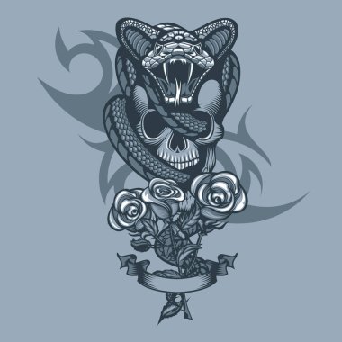 Viper wrapped skull and three roses in front. Monochrome tattoo style. clipart