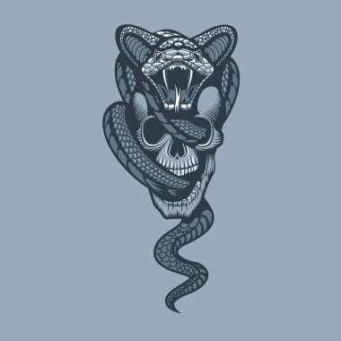 Snake through Skull. Monochrome tattoo style. clipart