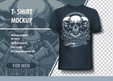 Üç kafatası ve dövme makineleri. Tamamen düzenlenebilir T-Shirt şablonu.